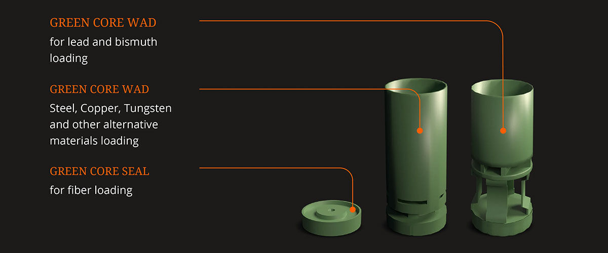 Green Core Wad for lead and bismuth leading; Steel, Copper, Tungsten and other alternative materials loading; For fiber loading
